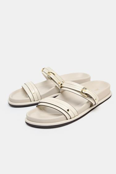 BUCKLED FLAT SLIDER SANDALS - Ecru White by Zara - Image 3