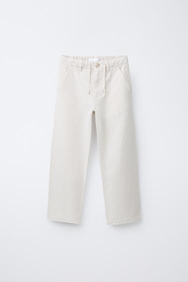 Zara STRAIGHT-LEG COTTON-LINEN PANTS - Ecru