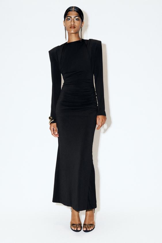 DRAPED MIDI DRESS WITH SHOULDER PADS - Black by Zara - Image 0