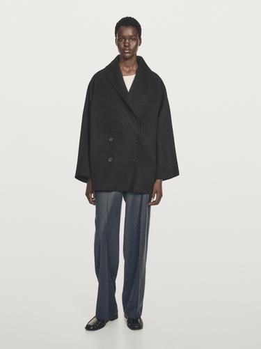 Zara Wool blend mid-length coat with lapel collar - Black