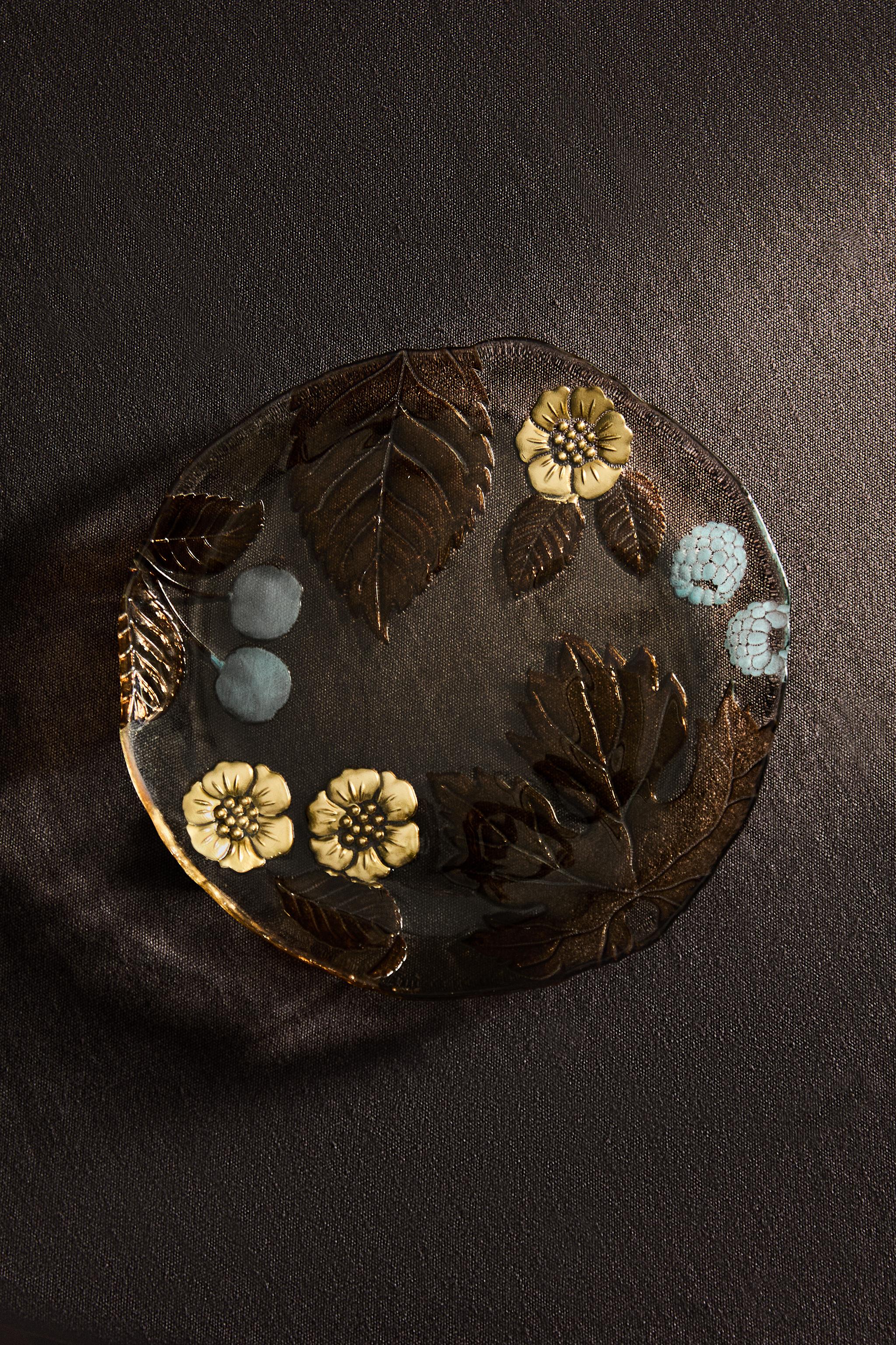 ASSIETTE À DESSERT VERRE FLEURS FEUILLES