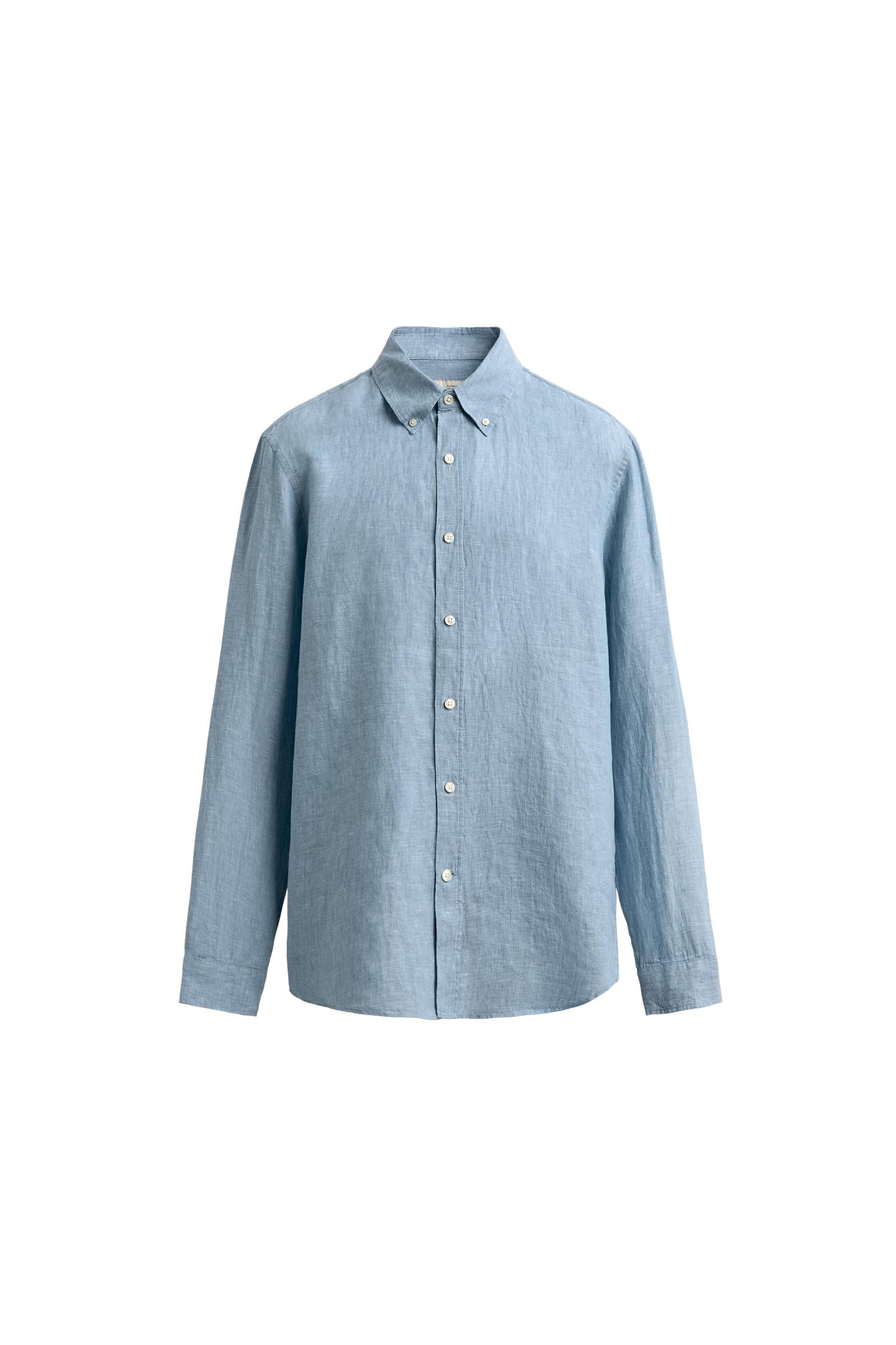 レギュラーフィット100%リネンシャツ - ウォッシュ空色 | ZARA Japan 