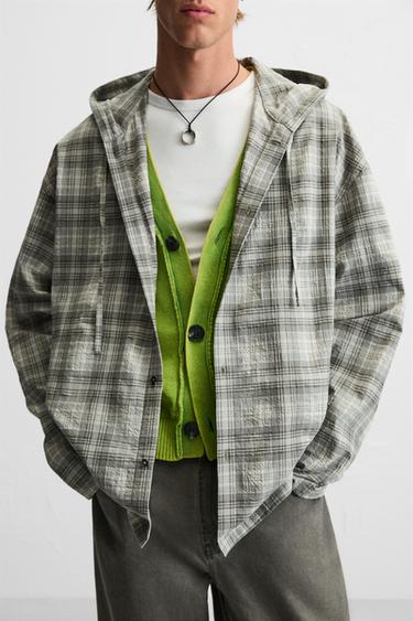 HOODED CHECK OVERSHIRT - Grey by Zara - Image 4
