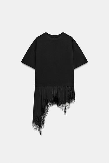 レースディテールTシャツブラックZaraのレースディテールTシャツ - ブラック 