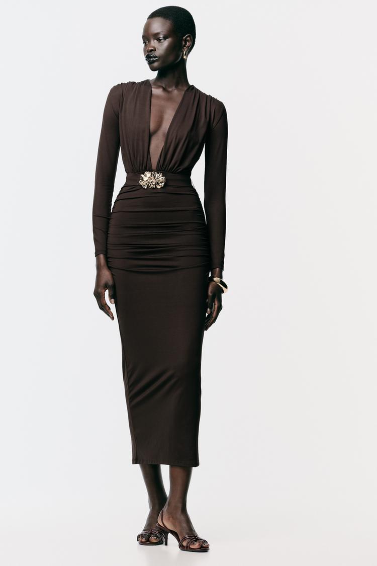 ROBE POLYAMIDE CEINTURE FOURNITURE Marron ZARA France