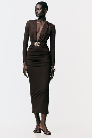 POLYAMIDE DRESS WITH HARDWARE BELT - Brown by Zara