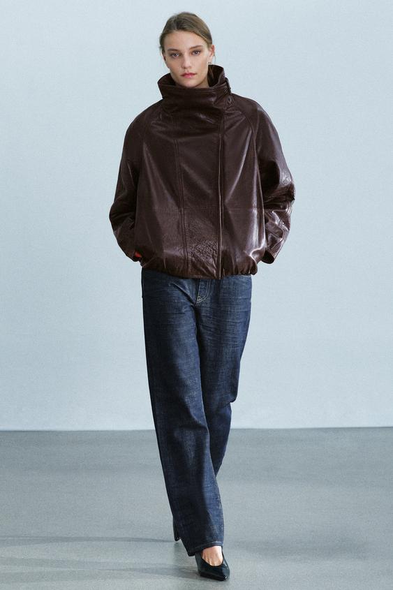 ZW COLLECTION 100% LEATHER JACKET WITH RAISED COLLAR - Brown by Zara - Image 0