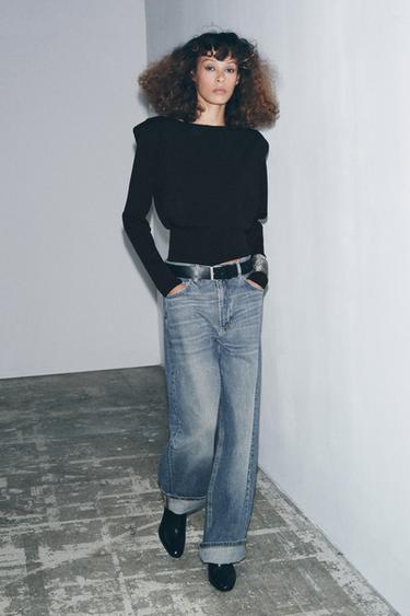 Zara SHOULDER PAD KNIT TOP - Black
