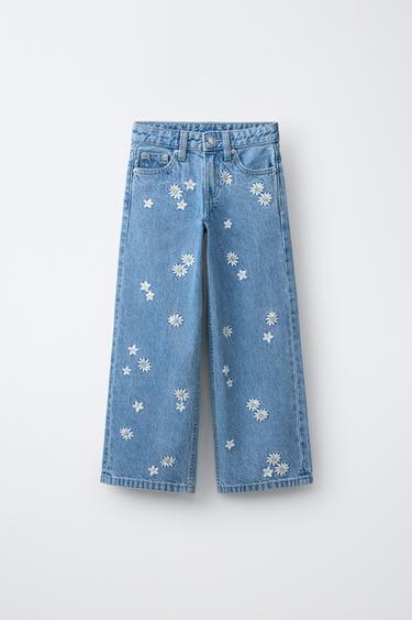 Zara 雛菊刺繡寬管牛仔褲 - 藍色