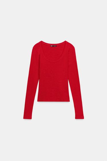 Zara ROUND NECK T-SHIRT - Dark red