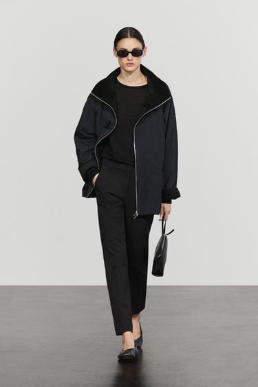 Zara Quilted corduroy-collar parka - Navy blue - Image 0
