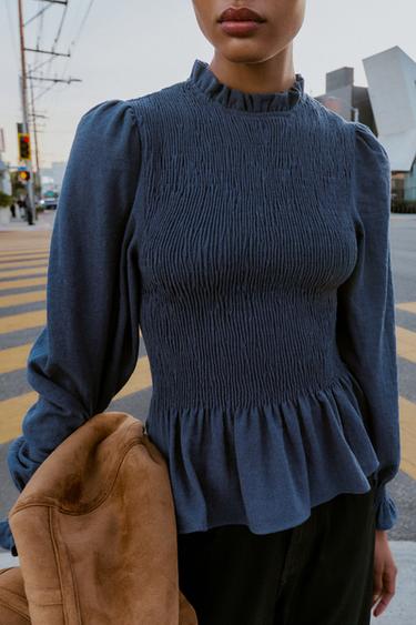 Zara SMOCKED SHIRT - Blue