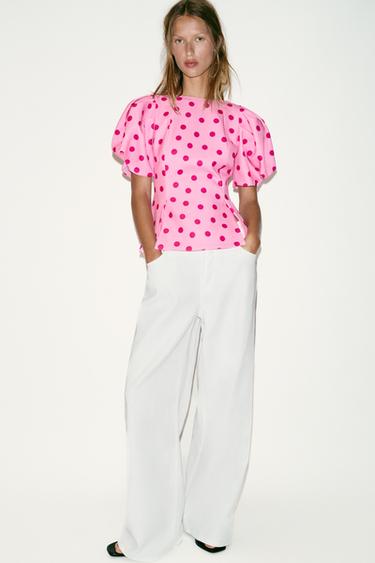 TOP LUNARES MANGA ABULLONADA - Rosas de Zara