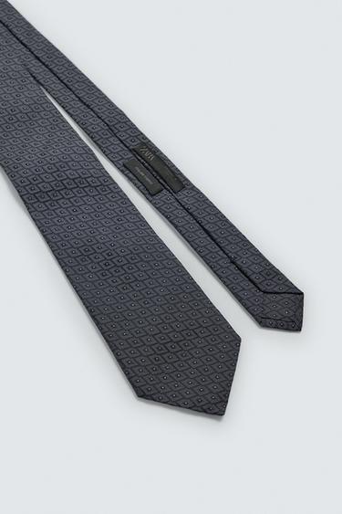 100% SILK GEOMETRIC JACQUARD TIE - Navy blue by Zara - Image 4