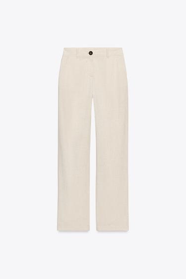 STRAIGHT-LEG LINEN BLEND TROUSERS - Light beige by Zara - Image 4