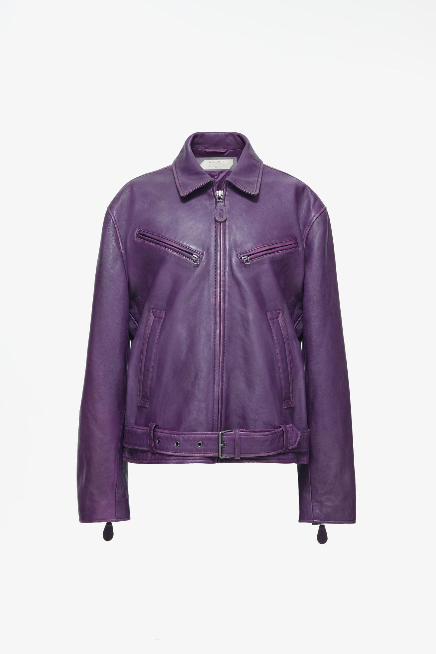 Мужская куртка Zara Limited Edition Leather Biker, цвет: Фиолетовый — фото 3