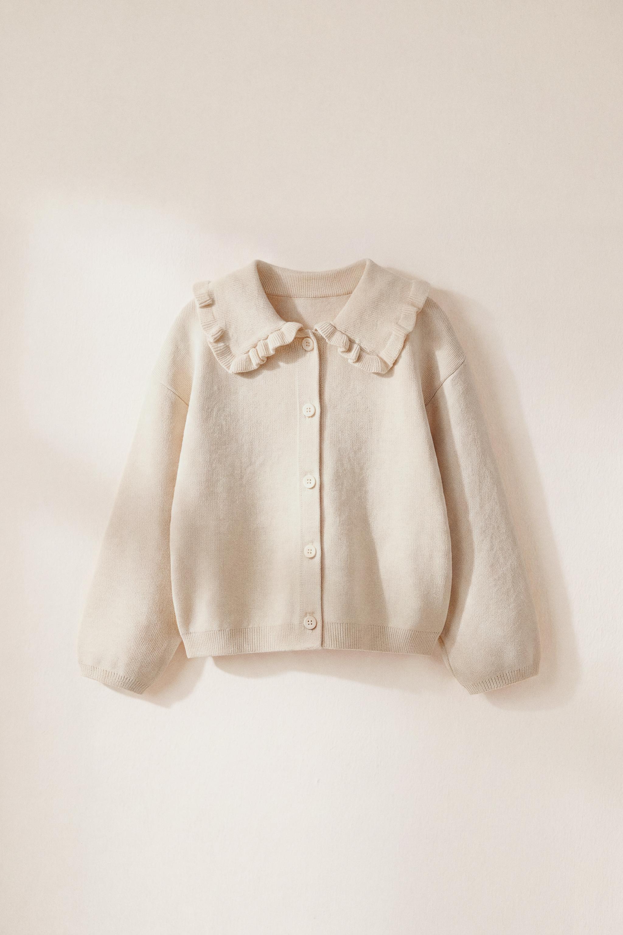 RUFFLED PETER PAN COLLAR CARDIGAN — Sand / Marl