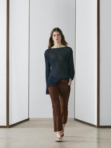 Zara Cropped suede leather trousers with drawstrings - Brown - Image 0