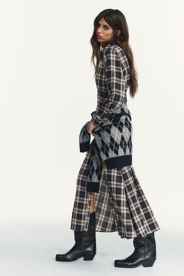 CHECKED PLEATED MIDI DRESS - Brown-Blue by Zara - Image 3