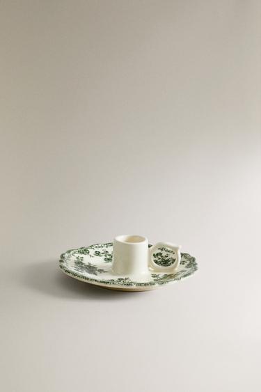 FLORAL EARTHENWARE CANDLEHOLDER — Dark olive 1