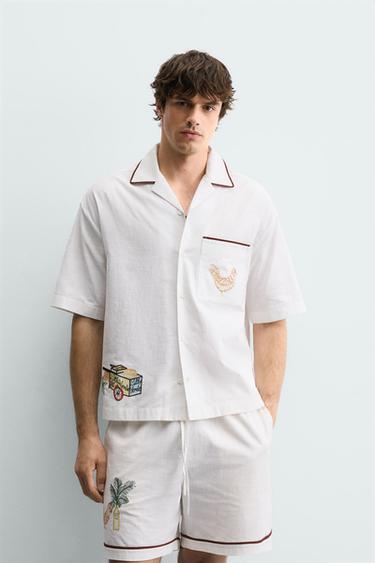 RELAXED FIT SHIRT WITH CONTRAST EMBROIDERY - Ecru by Zara