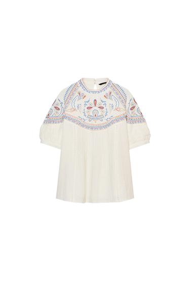 Zara SHORT SLEEVE EMBROIDERED BLOUSE - Ecru