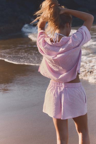 Zara STRIPED CROP SHIRT - Pink