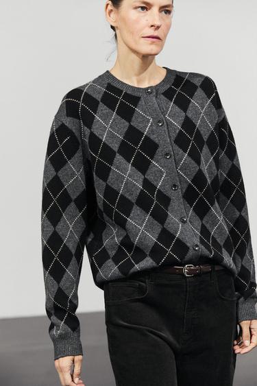 100% wool argyle knit cardigan — Cobalt 2
