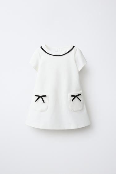 CONTRAST PIPING AND BOW DRESS — Oyster-white 1