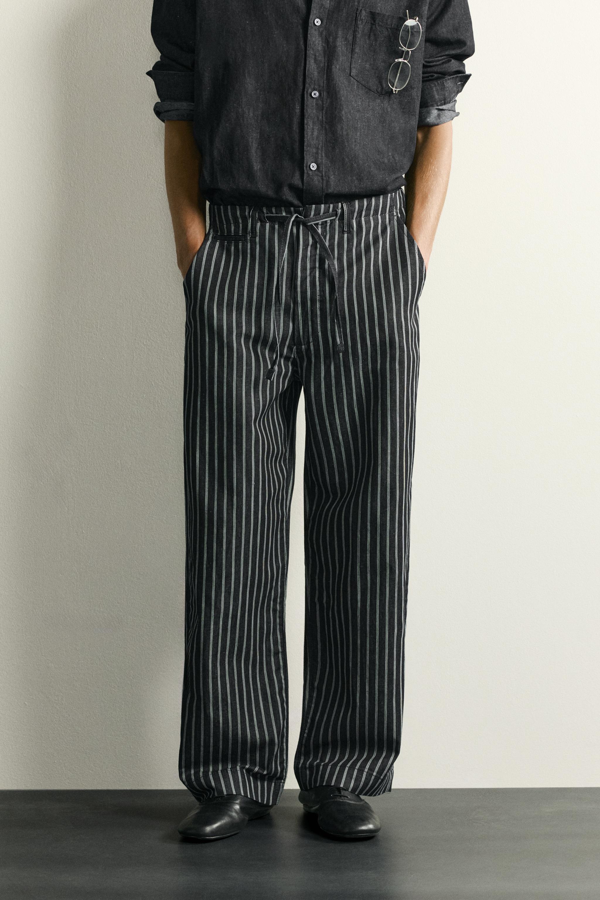 STRIPED COTTON-LINEN DENIM PANTS