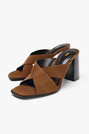 SPLIT SUEDE BLOCK HEEL SANDALS - Brown by Zara - Image 3