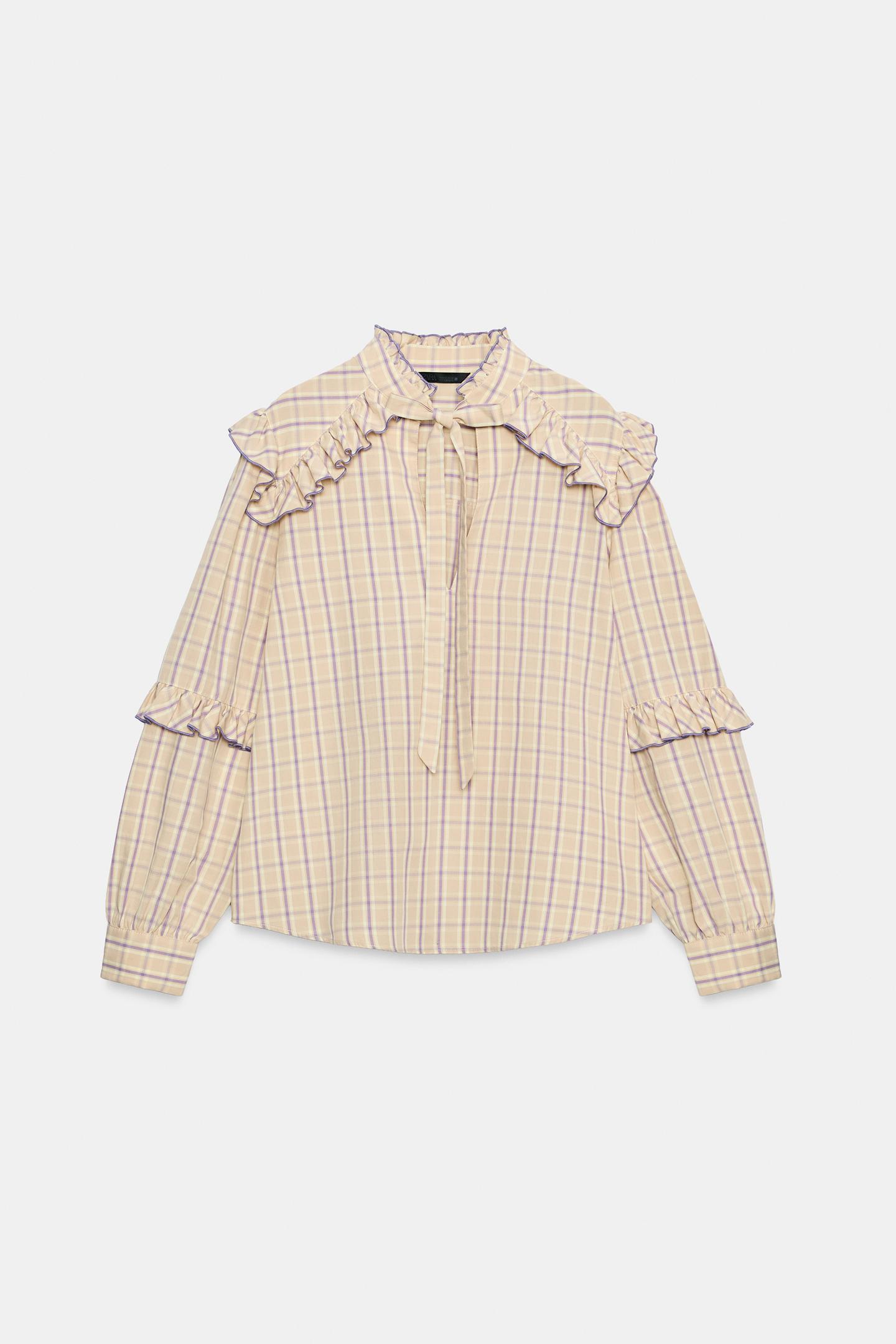 Женская блузка Zara Plaid Ruffle Blouse, цвет: Розовато-лиловый — фото 7