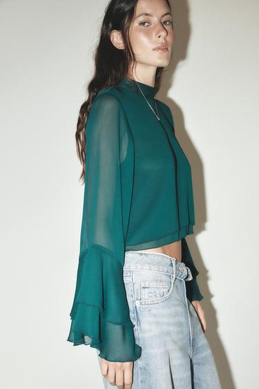 CAMISA VOLANTES - Verde oscuro de Zara