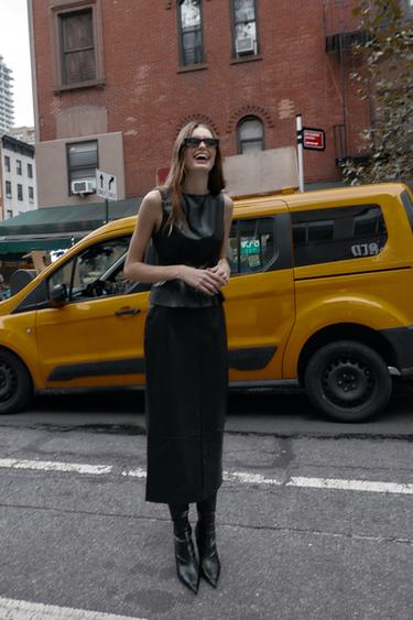 Zara FAUX LEATHER MIDI SKIRT - Black