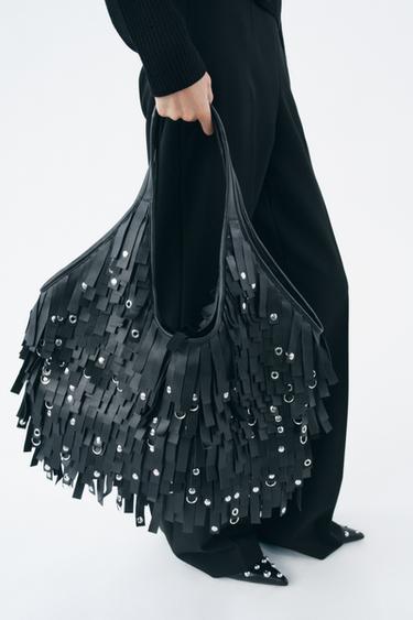 LEATHER FRINGE XL MAXI TOTE BAG - Black by Zara