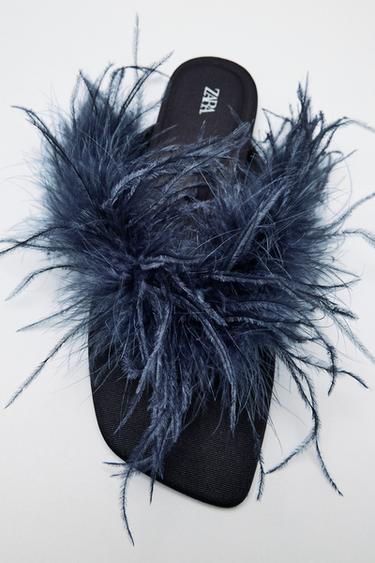 FEATHER DETAIL FLAT SANDALS - Blue by Zara