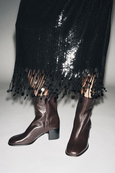 LEATHER ANKLE BOOTS WITH BLOCK HEEL - Chocolate Brown by Zara