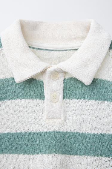 STRIPED KNITTED POLO SHIRT - Green / Ecru by Zara - Image 2