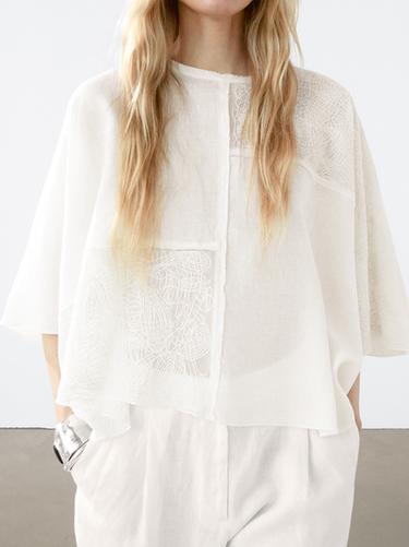 Zara Flowing linen blend embroidered cape - Oyster-white