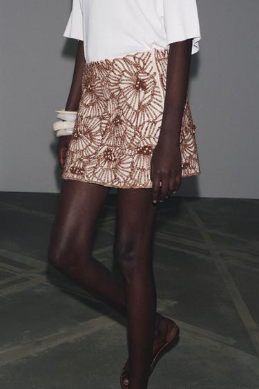 ZW COLLECTION FLORAL EMBROIDERY MINI SKIRT - Ecru / Brown by Zara - Image 3