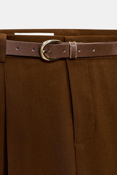 CROPPED TROUSERS WITH DARTS AND BELT - Brown by Zara