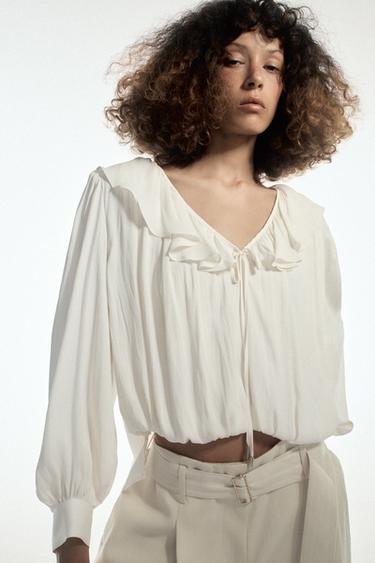 SATIN BLOUSE WITH RUFFLES AND SHOULDER PADS - Ecru by Zara