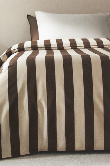 STRIPED WASHED COTTON DUVET COVER - Brown by Zara