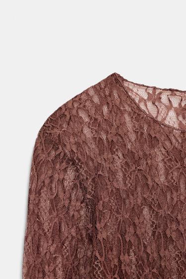 Zara LONG SLEEVE LACE TOP - Brown marl