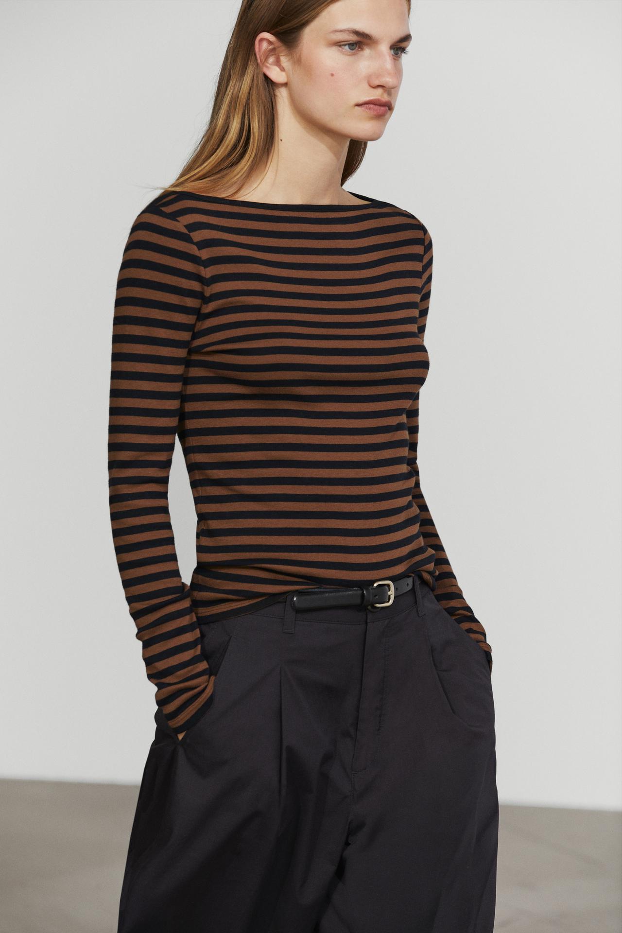 100% cotton striped boat neck T-shirt — Brown / Taupe