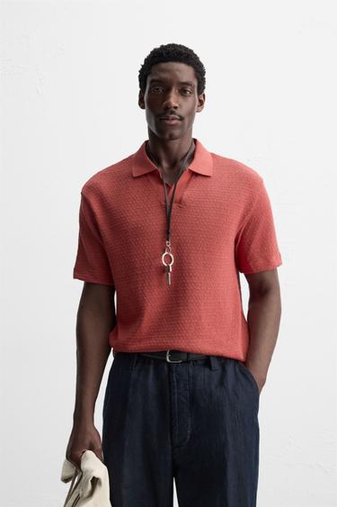 GEOMETRIC JACQUARD POLO SHIRT - Mid-red by Zara
