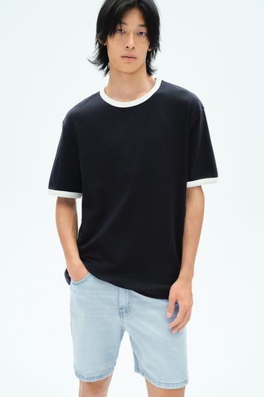 Zara 基本款撞色羅紋 T 恤 - 海藍色