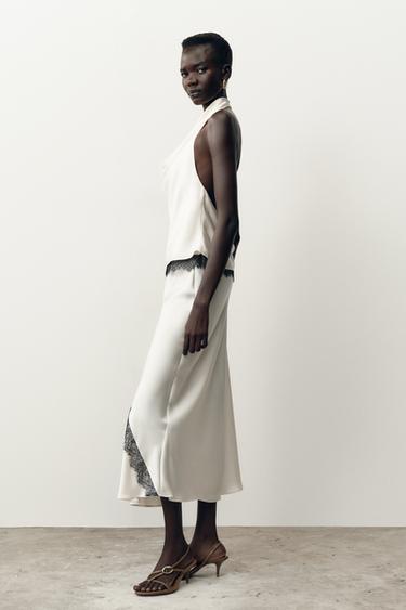 SATIN MIDI SKIRT WITH LACE - Ecru by Zara - Image 4