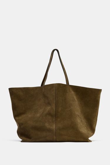 SAC MAXI SHOPPER EN CUIR VELOURS - Vert kaki de Zara