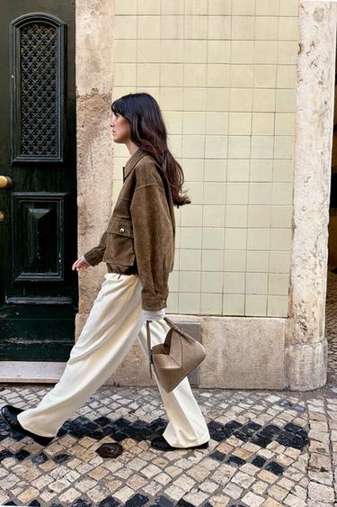 BLOUSON BOMBER 100% CUIR - Kaki de Zara